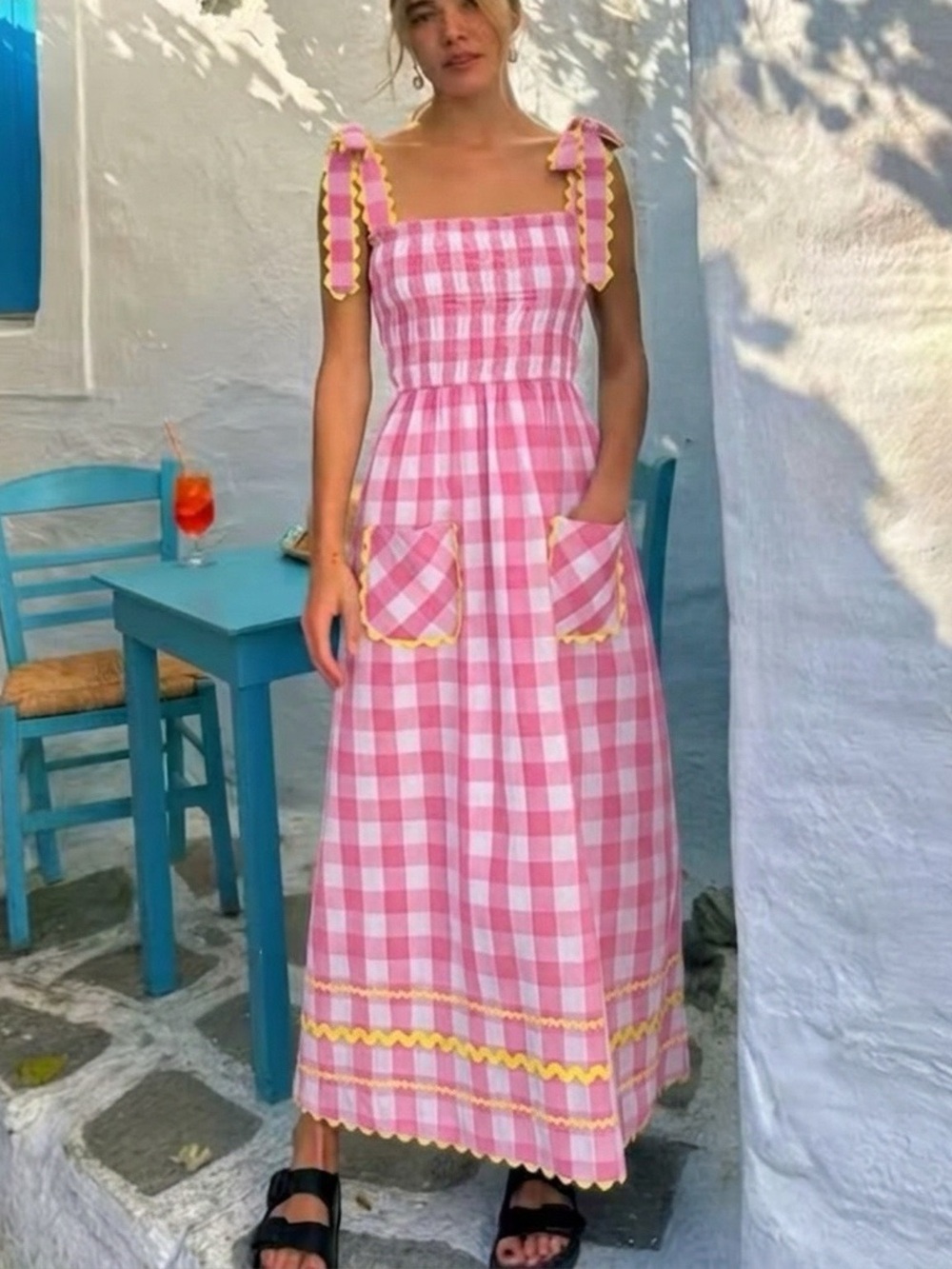 PINK CITY PRINTS Immy Fruit Salad dress Pink & Yellow in Gingham Check